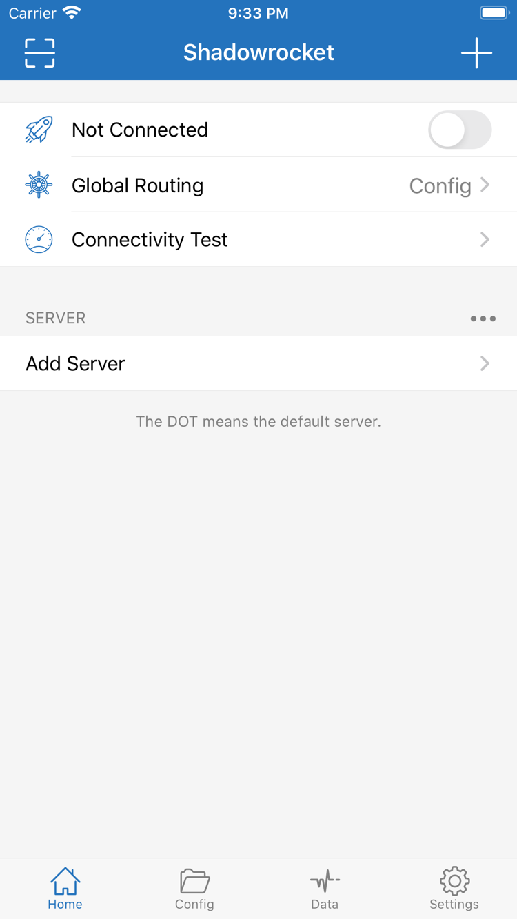 Shadowrocket 官方英文 Home 界面，包含连接开关、Global Routing 与 Add Server