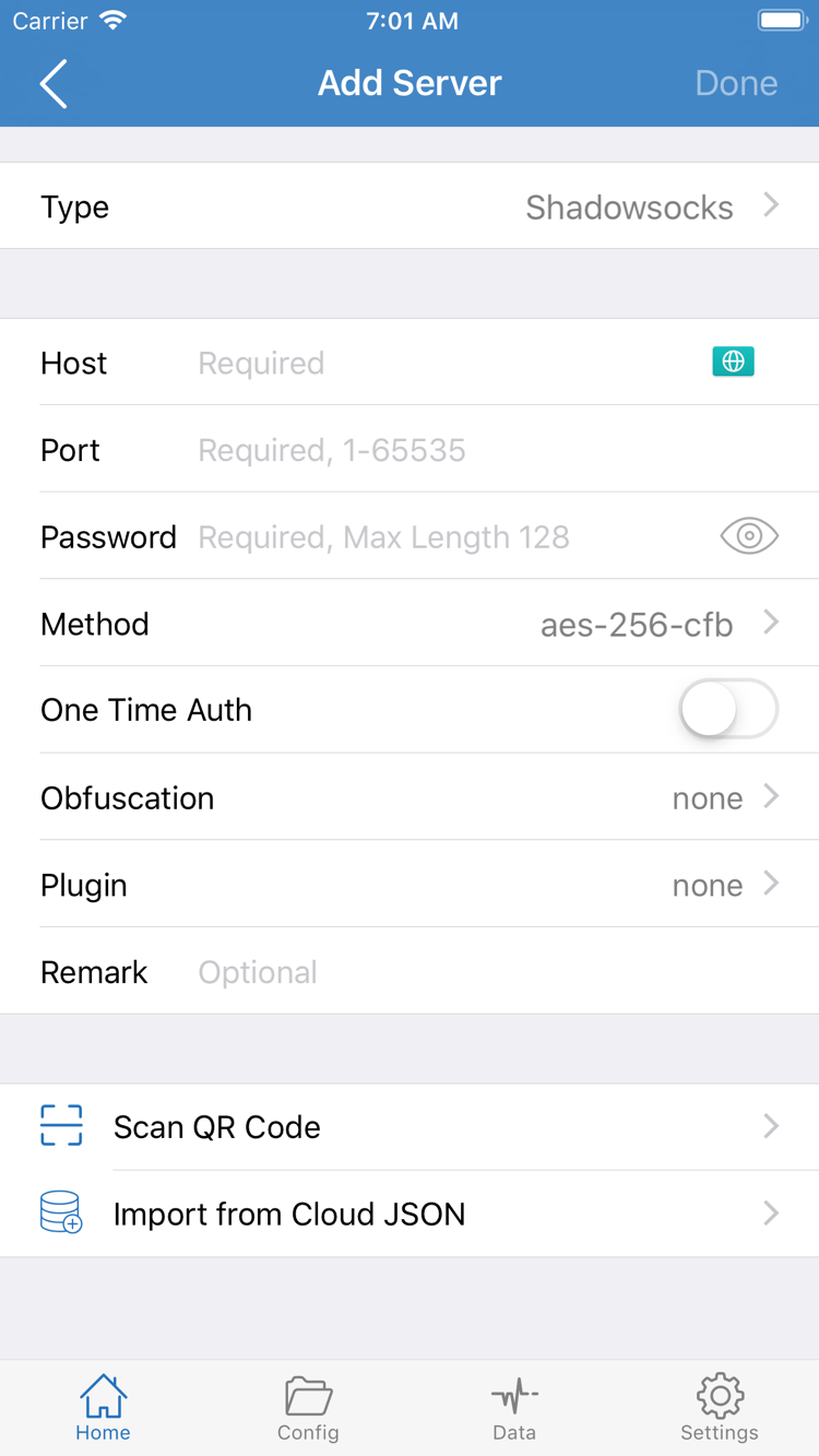 ShadowrocketのAdd Server画面。Type、Host、Port、Password、Methodと画面下部のインポート項目を表示